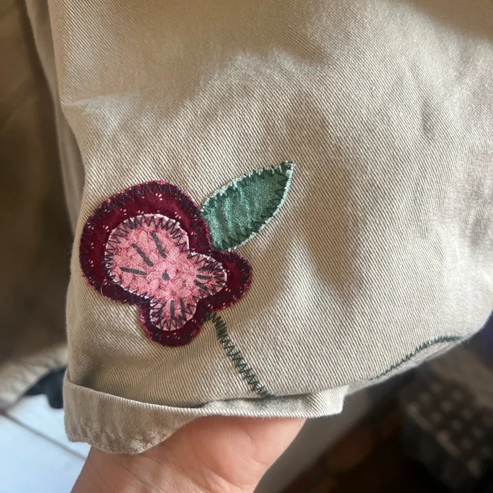 Vintage Haiks XL Patchwork Embroidered Bird House Floral Beige Overalls. - Picture 9 of 12